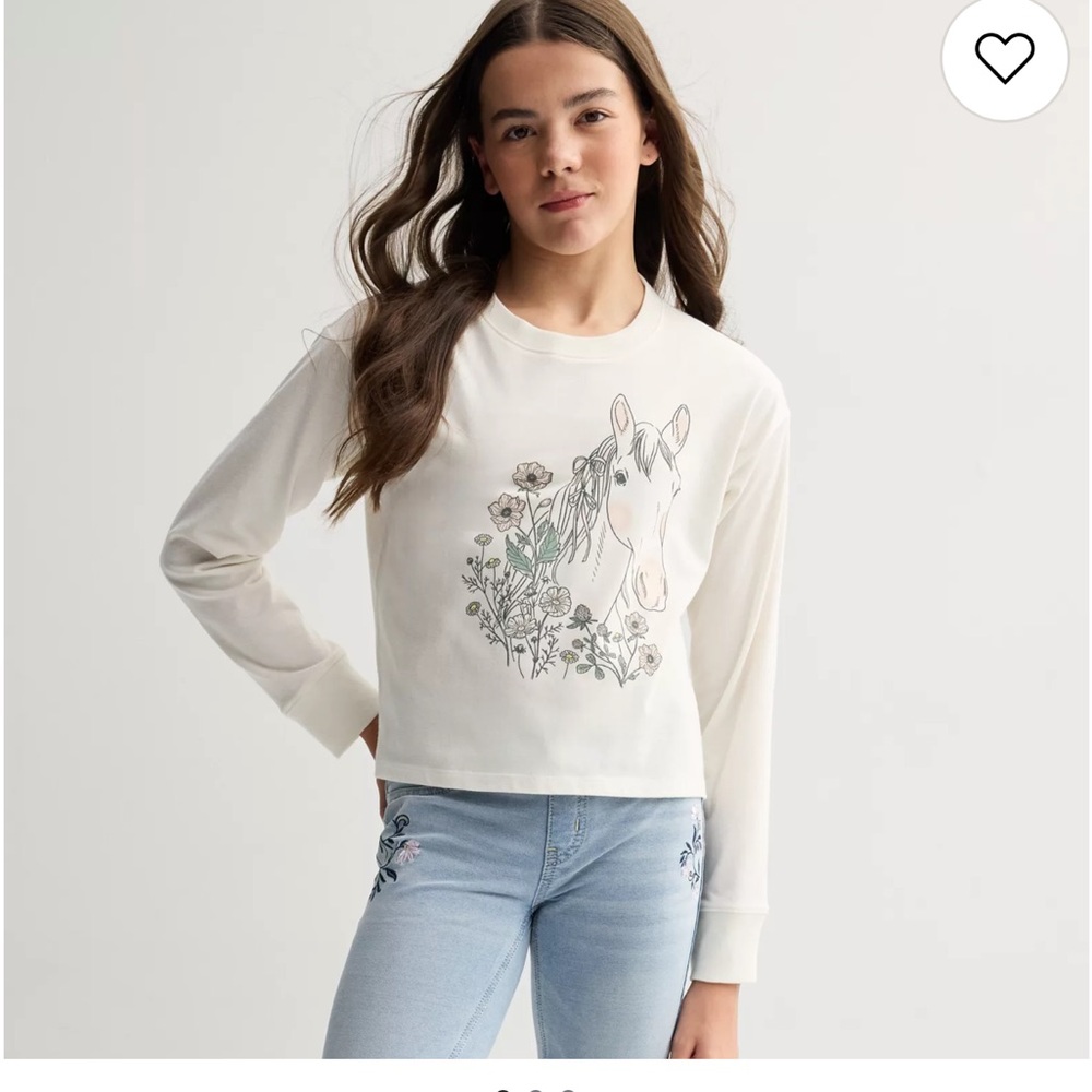 Cream Graphic Tee with Horse and Flowers